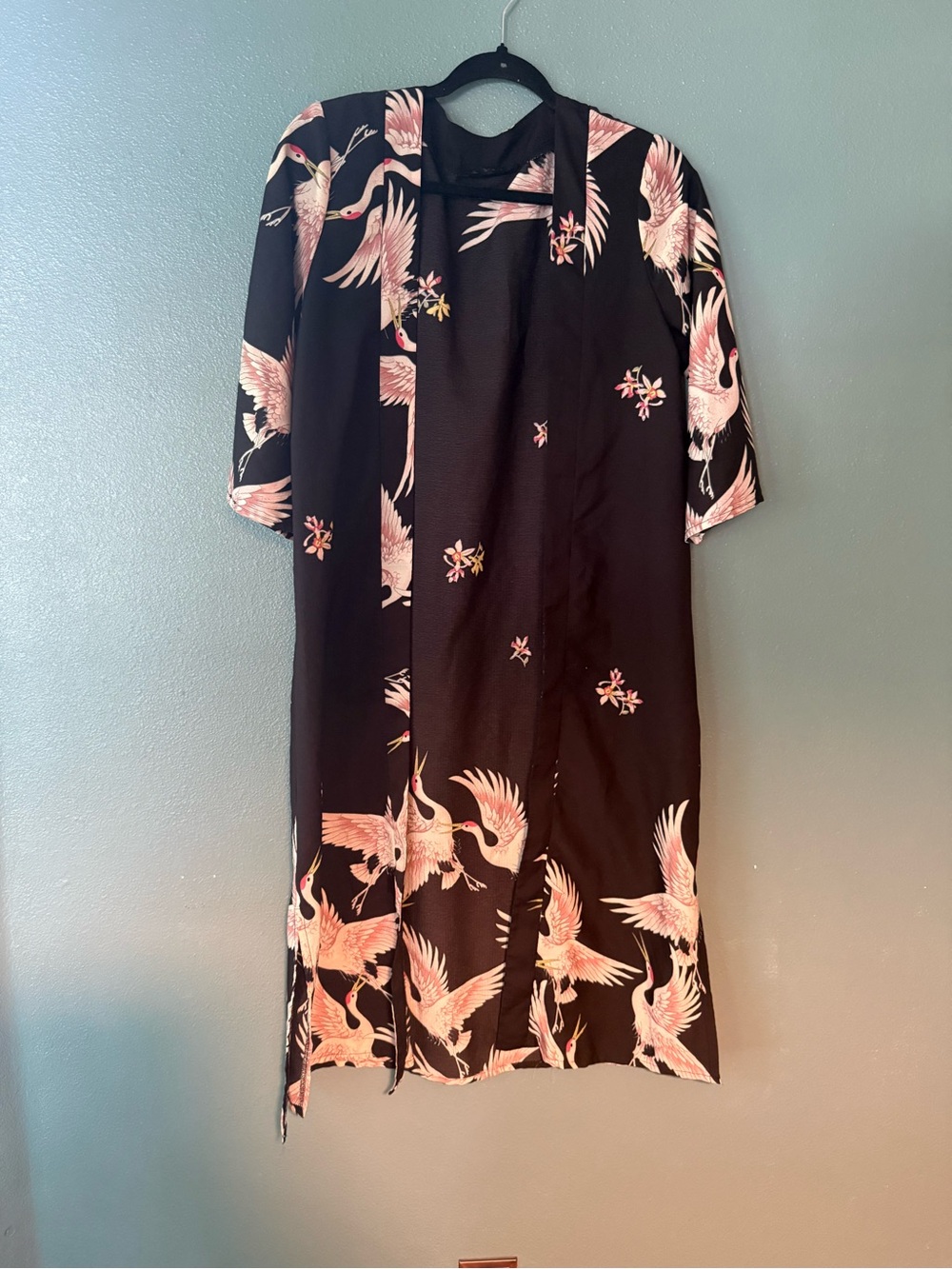 SHEIN Black Kimono Robe with Pink Crane Print